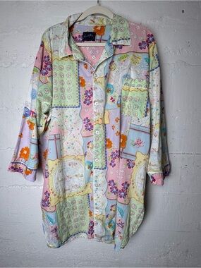 NICK & NORA XL Pastel Calendar Floral Nightshirt Pajama Shirt RARE PRINT HTF